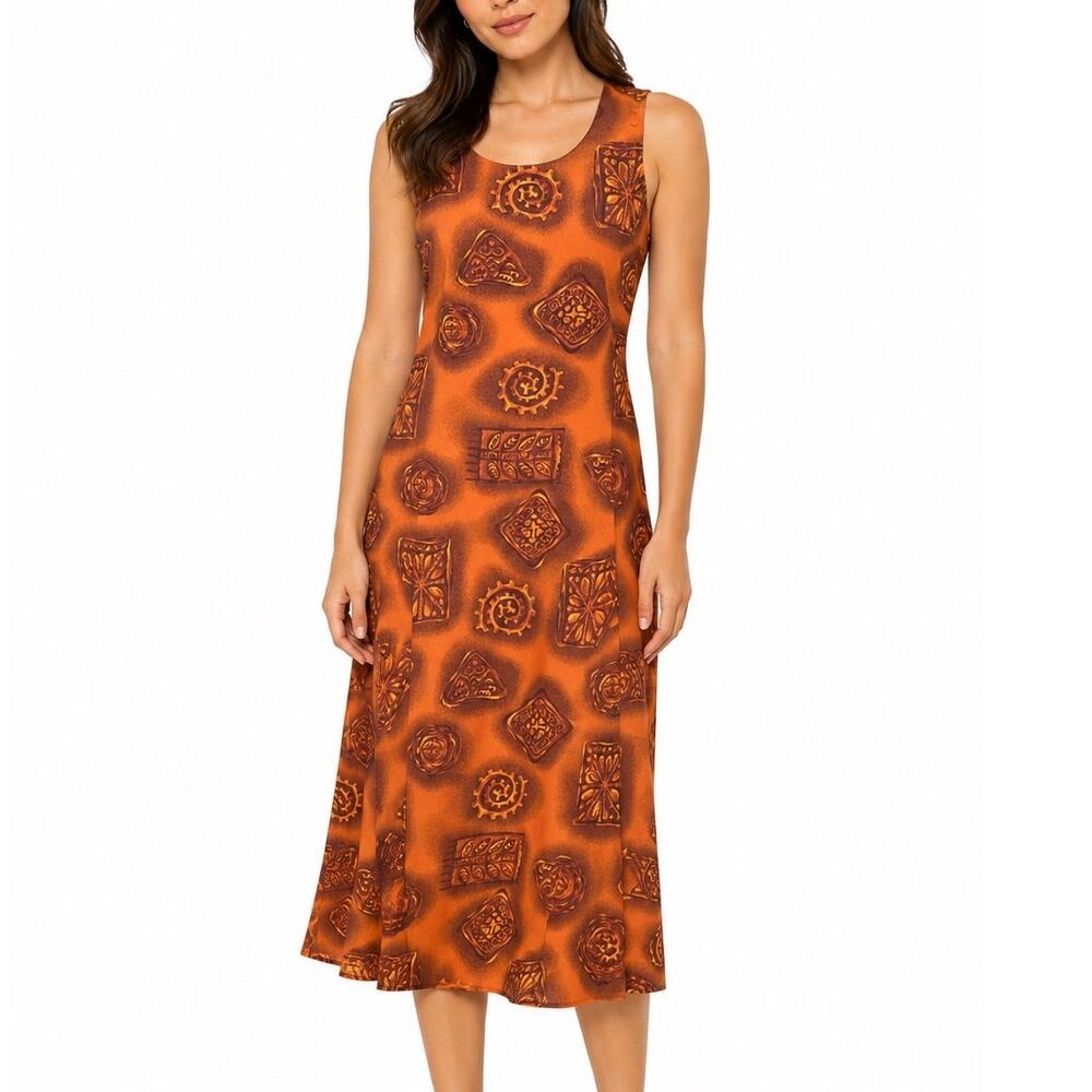 Vintage 90s Tribal Print Sleeveless Maxi Dress Size 12 Earth Tone Midi Boho‎